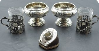 A small selection of HM silver and white metal including a pair of Victorian silver tea glass