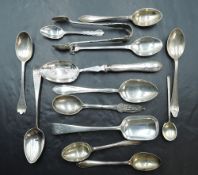 A selection of mixed silver spoons, varying design, dates and makers, to include one silver