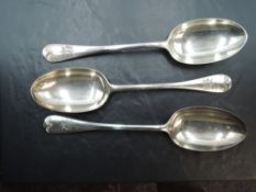 A group of three Victorian silver table spoons, Old English Pip pattern with engraved initials,