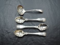 A group of three William IV silver spoons, fiddle and shell pattern, engraved to reverse, marks