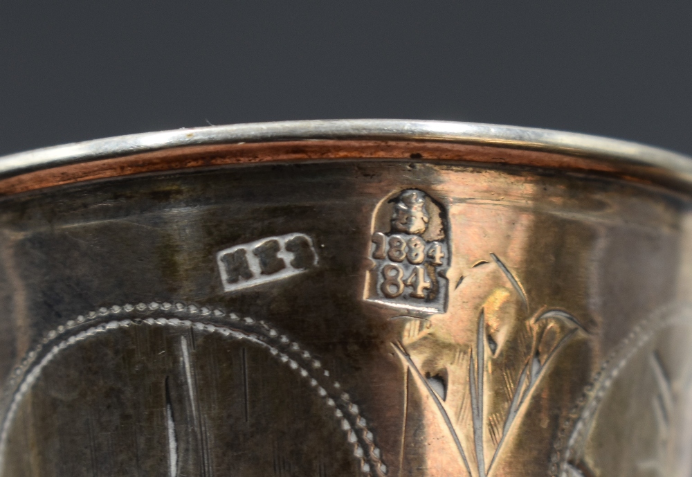 Two 19th century Russian white metal Kiddush cups, with marks for Moscow 1884 and 1886, each - Image 5 of 5