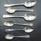 A group of six hallmarked silver spoons, various dates, makers and designs 99grams gross.