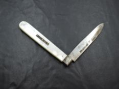 An early Victorian mother-of-pearl mounted and silver bladed pocket or fruit knife, marks for