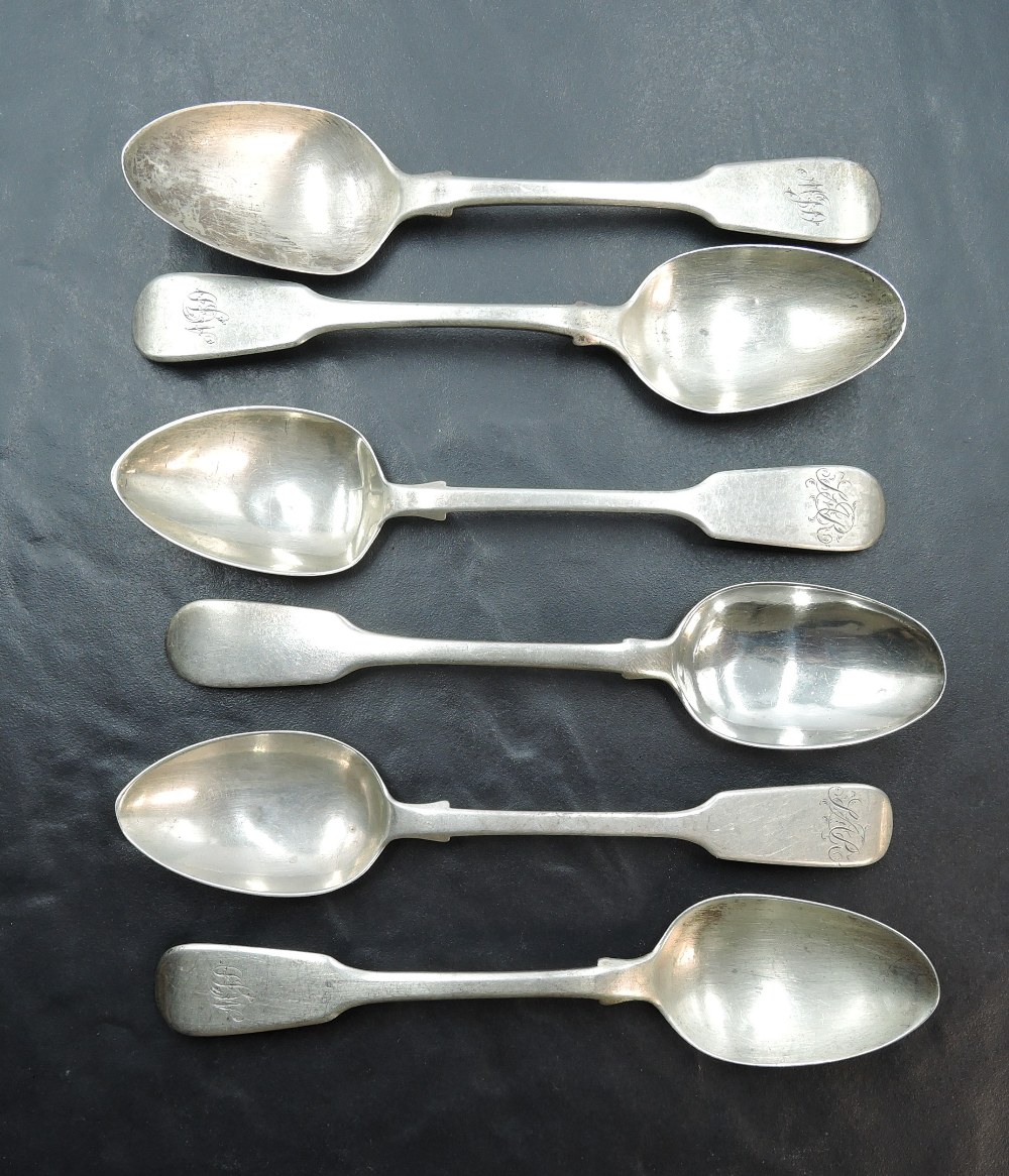 A Group of six 19th century silver teaspoons, fiddle pattern, five engraved with initials, marks for