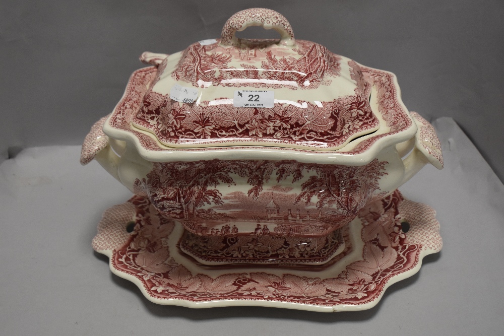 A large lidded soup tureen having spill plate and ladle by Masons in the Vista pattern