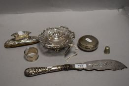 A mixed selection of silver plated items including powder container, bonbon dish and napkin ring