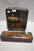 A 20th century Japan lacquer jewellery case and glove box both having bird and foliage patterns