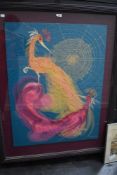 A large abstract mid century collage of a peacock birds signed M. Bacon