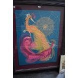 A large abstract mid century collage of a peacock birds signed M. Bacon