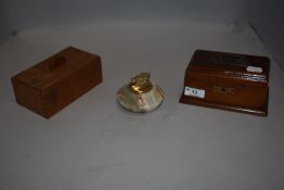 A mahogany money box,a mahogany lidded box with finely dovetailed joints and a onyx desk top
