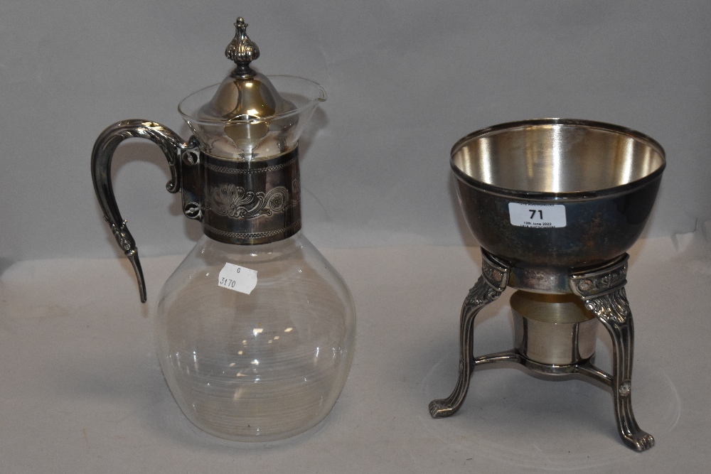 A fine late Victorian spirit burner and decanter set having silver plate and glass design