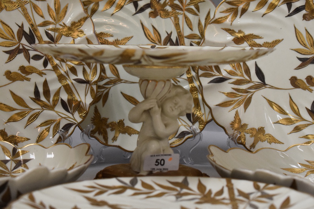 A selection of antique porcelain dinner wares having silver and gilt bamboo and bird decoration - Image 2 of 6