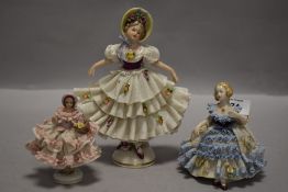 Three 20th century lace work porcelain figures including Frankenthal and Dresden