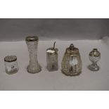 A cruet or similar set of cut glass containers with Hm silver lids