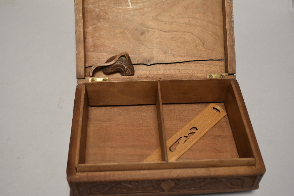 A carved wooden box having compartmental interior of Japanese style depicting dragon consuming - Image 3 of 3