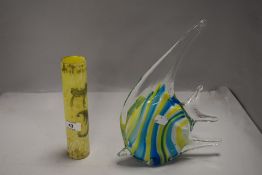 A mid century glass art model of a tropical fish and similar vase