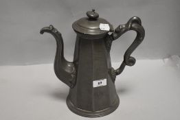 A Victorian pewter tea or coffee pot having ivy vine handle made by J Allan