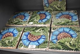 A good collection of seven Victorian era arts and crafts ceramic tiles by William De Morgan in the