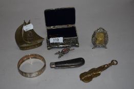 A small silver plated jewellery box, white metal bangle, pocket knife etc.