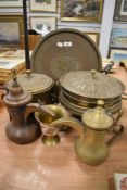 A selection of middle eastern or Turkish styled cook wares including lidded dishes and Dallah coffee