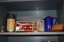 A selection of kitchen hardware and similar including two art deco photo frames and carving set by