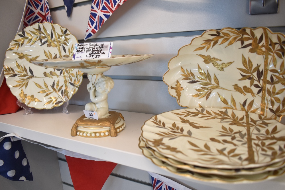 A selection of antique porcelain dinner wares having silver and gilt bamboo and bird decoration - Image 4 of 6