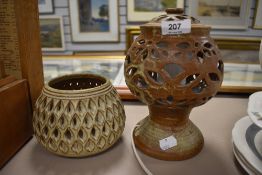 A mid century studio pottery lamp by Presingoll Cornwall along with similar tea light