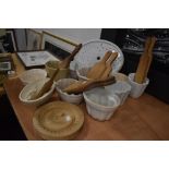 A good selection of kitchen jelly and similar ceramic food moulds also five sets of beech wood
