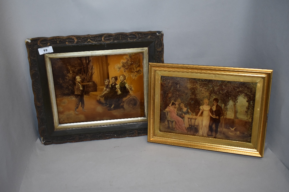 Two vintage crystoleum including Georgian picnic scene and children playing