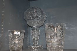 Two 20th century clear cut crystal glass vase and a similar Bohemian style mushroom light