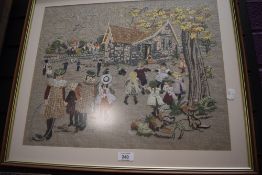 A 20th century needle work embroidery picture of Victorian children playing