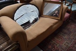 A traditonal Victorian style drop end settee having shaped back and tweed type upholstery , nice