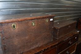 A 19th century oak strong box, of hinged rectangular form with five locks, the cover enclosing three