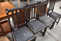 A set of 1940s chairs having barley twist uprights and legs.