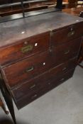 A late 19th or early 20th Century mahogany two part campaign chest of two short over three long