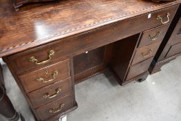 A 19th cenutry oak desk having single drawer over banks of three drawers to either side, alternating
