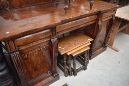 A 19th Century mahogany sideboard having ledge back, frieze drawers and shaped columns to