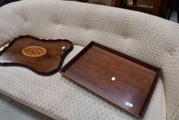 An Edwardian mahogany and inlaid tray and a later reproduction tray , labelled Stourton Manor