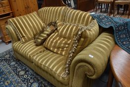A Gascoyne Design' 2-3 seater settee & scatter cushions, gold stripe design