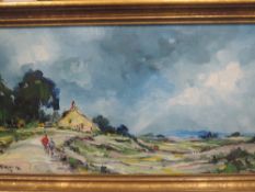 George R Deakins, (20th century), an oil mpainting, cottagers on a lane, signed and dated (19) 76,