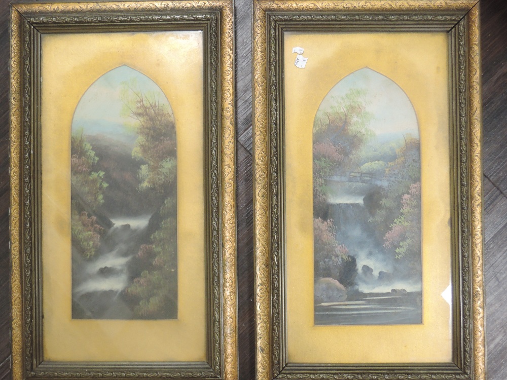 (19th century), a pair of gouache paintings, waterfalls, each 38 x 16cm, mounted framed and