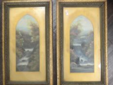 (19th century), a pair of gouache paintings, waterfalls, each 38 x 16cm, mounted framed and