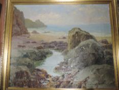 Margaret Waller, (20th century), an oil painting, coastal rocks, 50 x 60cm