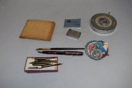 A selection of curios and stationary items including Conway Stewart 75 in rose/burgundy marble