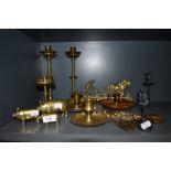 A selection of brass wares including a pair of twist stem candle sticks with key holder and