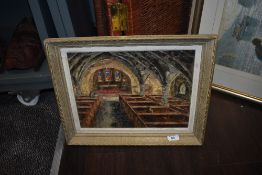 A mid century oil on canvas depicting a Church vestibule possibly St. Peters at Heysham dated 68