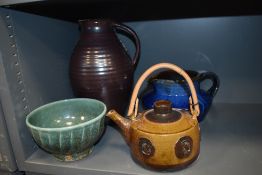 A selection of mid century and later studio pottery including large Denby jug, mottled bowl by