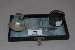 Three items of HM silver including two spoons and a pierced napkin ring
