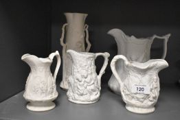 A selection of parian ware water and milk jugs including Portmeirion and similar