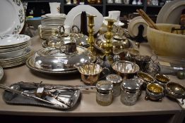 A miscellany of plated ware, brass and more to include dressing table items,on with cat detail to